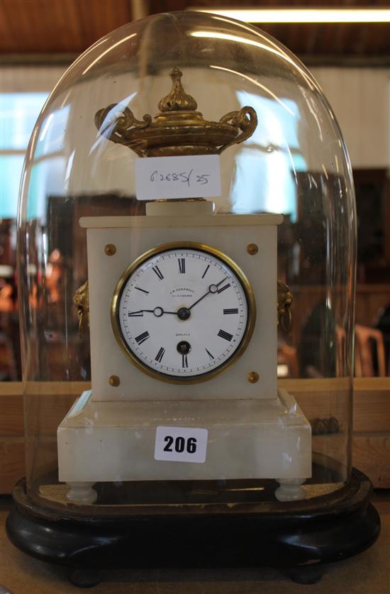 19th century alabaster, ormolu mounted mantel clock, with glass dome(-)